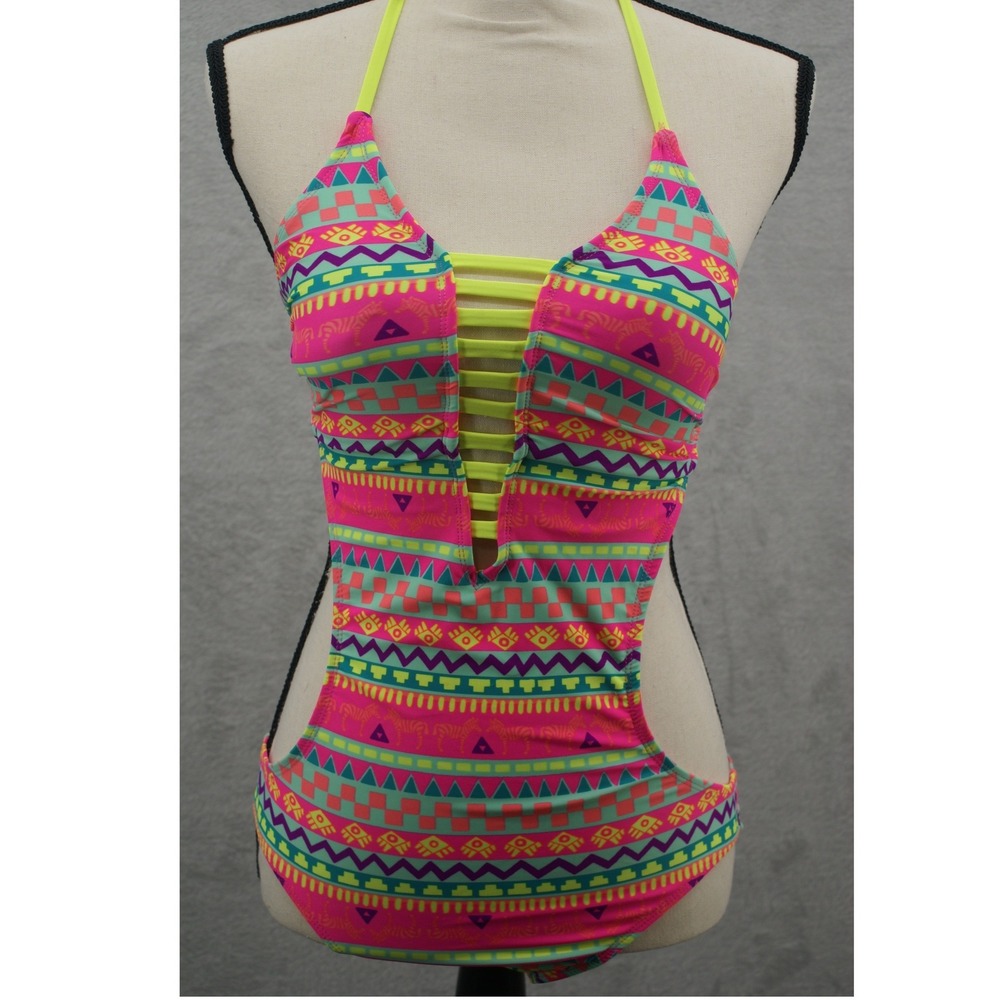 OP Ocean Pacific Womens Neon Tribal Print Monokini Cutout Swimsuit Multi M 7-9